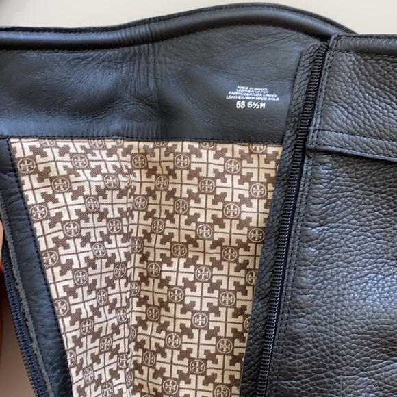 Tory Burch Black Leather Gold Logo Tall Boots - Picture 11 of 11